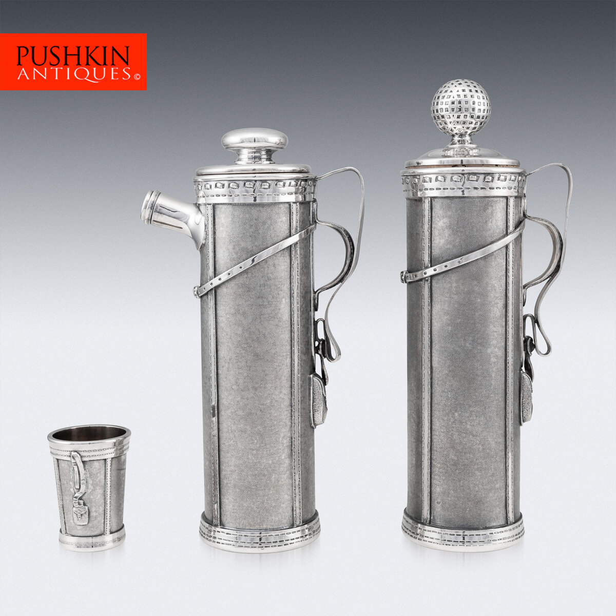 ANTIQUE 20THC NOVELTY SILVER PLATED 'GOLF BAG' COCKTAIL SHAKER SET